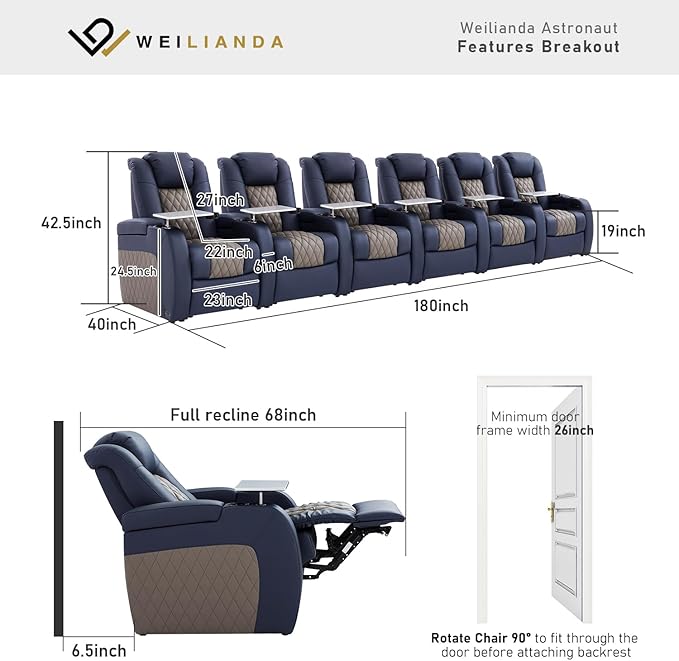 Home Theater Seating, Top Grain Leather Movie Seats Recliner Chair, Zero Gravity Reclining Gaming Sofa with Power Headrest 7 Colors Ambient Lighting 6 Seats Blue Grey