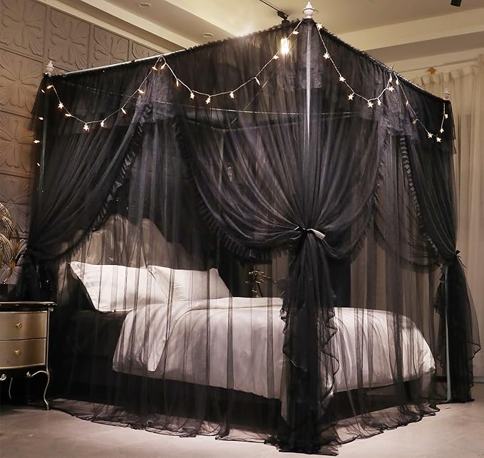VETHIN 4 Corners Post Ruffle Princess Bed Canopy Curtain-Double Layer Cozy Drape Netting 4 Opening Mosquito Net for Girls Adults Bedroom Decoration (Double-Black, 53" W*78" L*82"*H/(Full))
