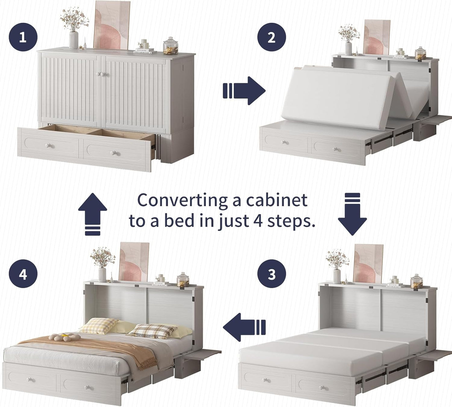 ijuicy Murphy Bed Queen Size with Foam Mattress, Side Storage Board, Cabinet Bed with Charging Station Large Storage Drawer for Space-Saving Room, Foldable Hideaway-White