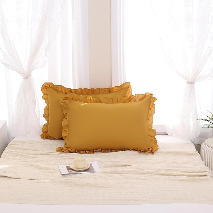 Merryword Mustard Yellow Pillowcases King Pillowcases Set of 2 Ruffle Pillow Shams Cute Pillow Covers Solid Ruffled Fringe Design Yellow Shabby Chic Pillowcases 2 Pack
