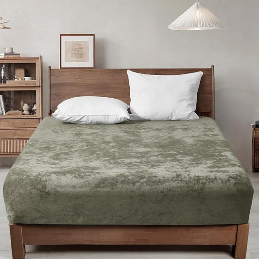 PHF Truly Velvet Fitted Sheet Only Queen Size, Luxury Super Soft Cozy Fuzzy Fleece Bottom Sheet, Deep Pocket Up to 16",Suitable for Fall Winter Spring, No Pillowcases, Smokey Olive