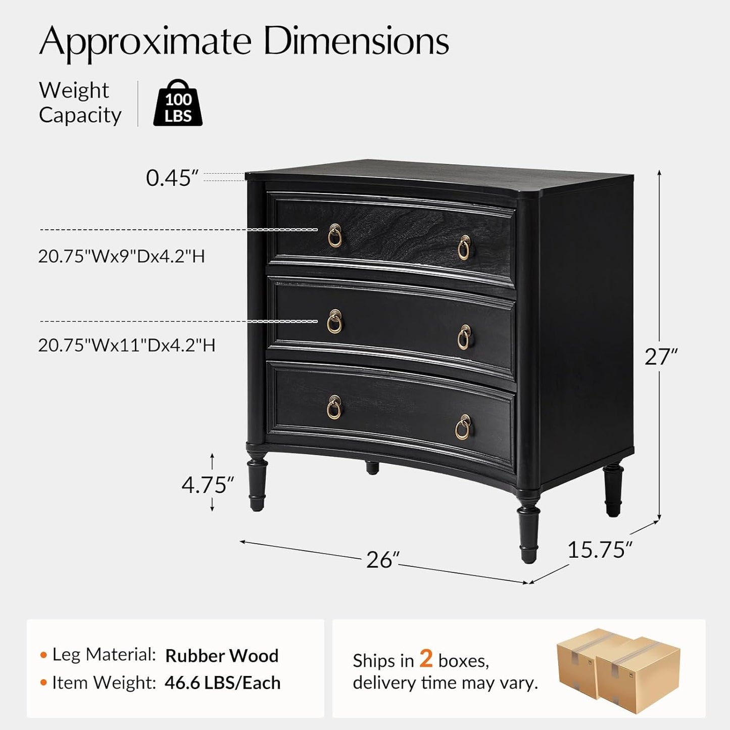 HULALA HOME 3 Drawer Nightstands Set of 2 with Charging Station, 26" Wide Nightstands with Solid Wood Legs and Curved Profile, Classic Bedside Tables for Living Room Bedroom, Black