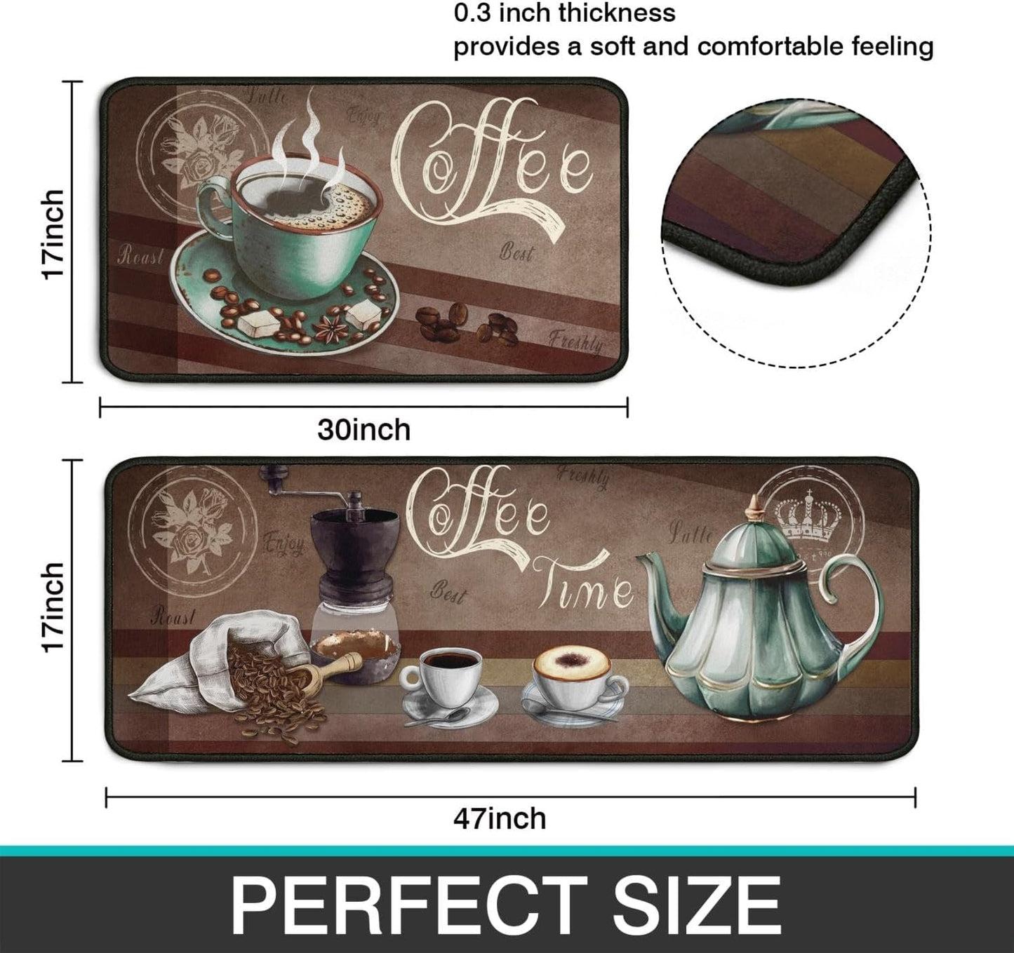 2 Piece Coffee Kitchen Decor Rugs Set, Farmhouse Country Kitchen Rugs and Mats Non Skid Washable Absorbent Microfiber Kitchen Accessories Decoration Floor Mats 17"x47"+17"x30"