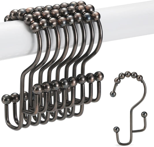 Shower Curtain Rings & Hooks, Rust-Resistant Stainless Steel, Easy Sliding Double Hooks for Curtains & Liners, 12pcs-Bronze