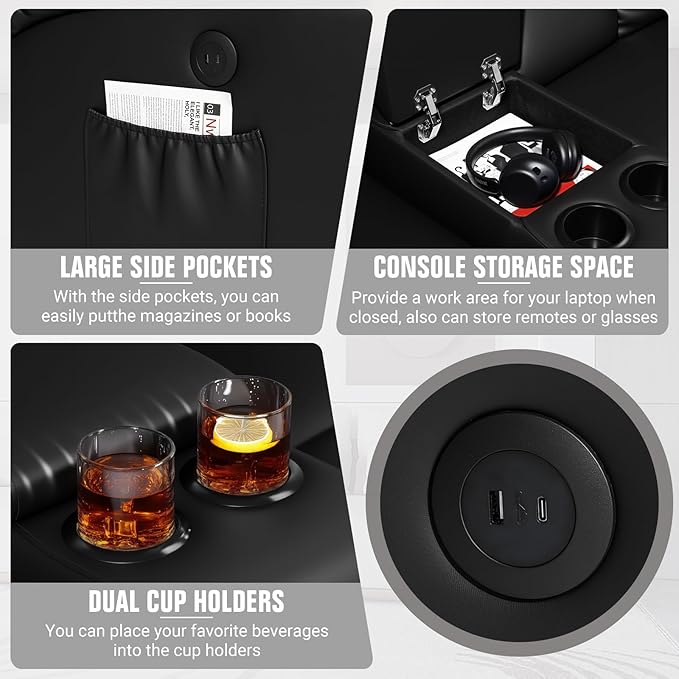 Home Theater Seating,RV Recliner Sofa with Massage and Heat,Manual RV Recliner Loveseat with USB/Cup Holders and Side Pocket for Living Room,3 Loveseat Black