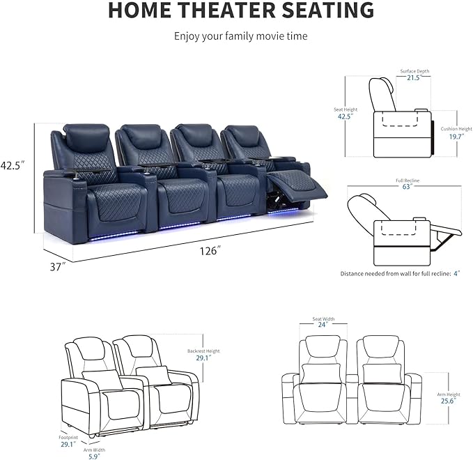 Home Theater Seating Seats, Theater Recliner Chair Sofa Game Movie Theater Chairs with 7 Colors Ambient Lighting, Lumbar Pillow, Side Pocket, Tray Table, Power Recline,Blue
