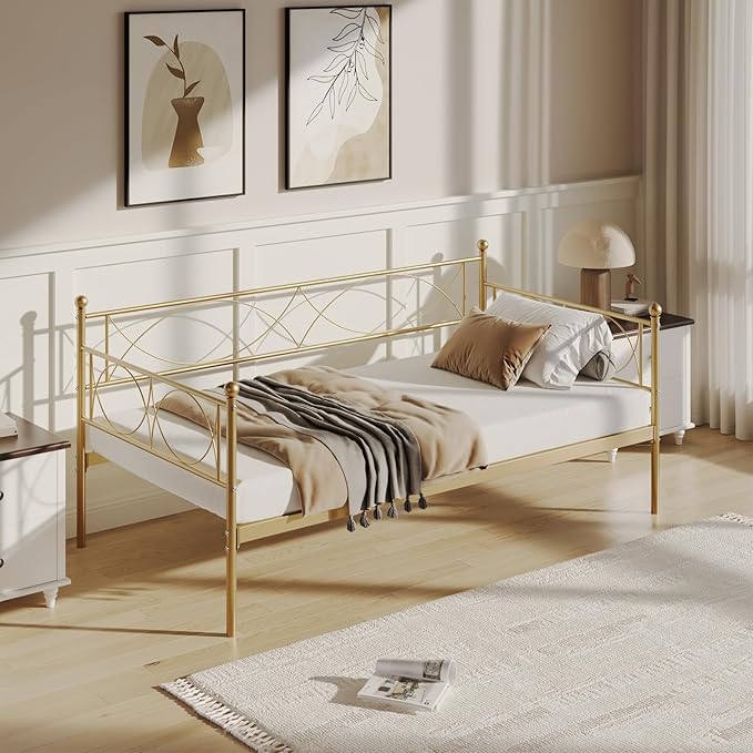 IDEALHOUSE Twin daybed with Trundle, Metal Twin Daybed and Trundle Set, Day Bed Sofa Bed Frame with Steel Slat Support, Multifunctional Daybed Frame for Bedroom (Gold Daybed)