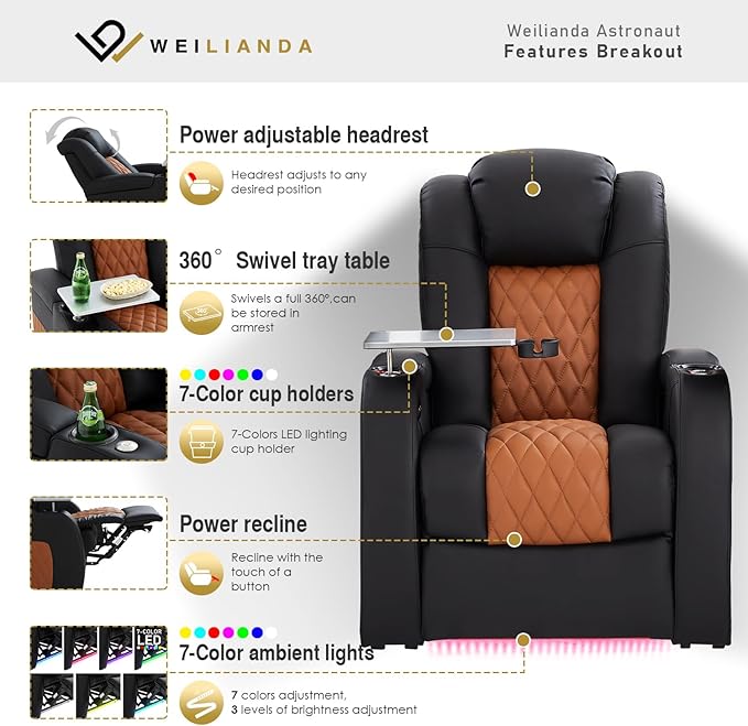 Home Theater Seating, Top Grain Leather Movie Seats Recliner Chair, Zero Gravity Reclining Gaming Sofa with Power Headrest 7 Colors Ambient Lighting Single Seat Black Camel