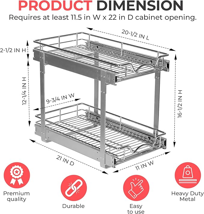 HOLDN’ STORAGE Two Tier Pull Out Cabinet Organizer, Individual Sliding Drawers - Heavy Duty Metal with Lifetime Limited Warranty - Anti Rust Chrome Finish - 11.5" W x 21”D x 16.5" H