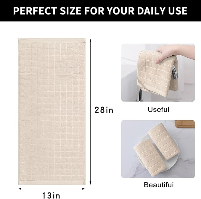 Homaxy 100% Cotton Terry Kitchen Towels(Beige, 13 x 28 inches), Checkered Designed, Soft and Super Absorbent Dish Towels, 8 Pack