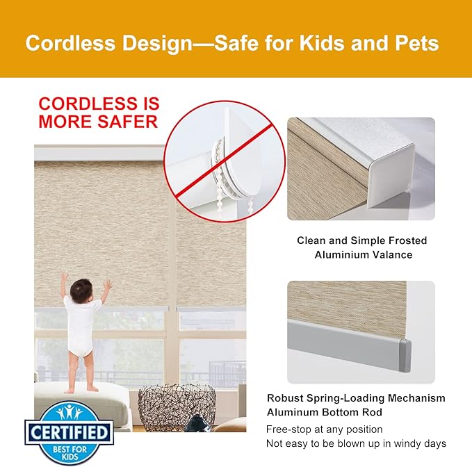 Persilux Free-Stop Cordless Light Filtering Roller Shades for Windows (Khaki 25" x 72") Natural Woven Fabric UV Protection Privacy Roller Blinds for Windows Blinds for Doors, Home, Office, Kitchen