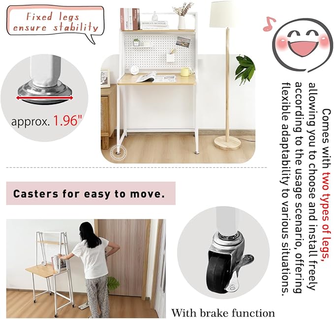 lumizone Folding Desk with Pegboard Collapsible Desk 29" Home Office Desk No Assembly Required Folding Table with Hooks Boxes and Storage Accessories for Organizing (Nature-White+Accessories Set)