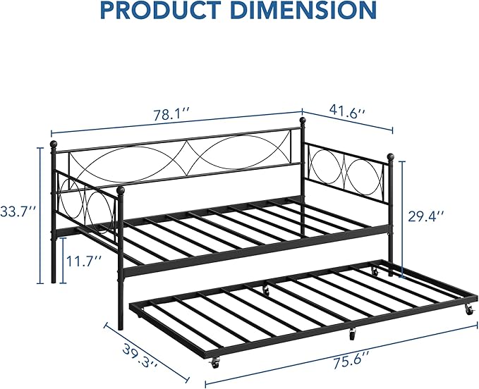 IDEALHOUSE Twin daybed with Trundle, Metal Twin Daybed and Trundle Set, Day Bed Sofa Bed Frame with Steel Slat Support, Multifunctional Daybed Frame for Bedroom (Modern - Black)