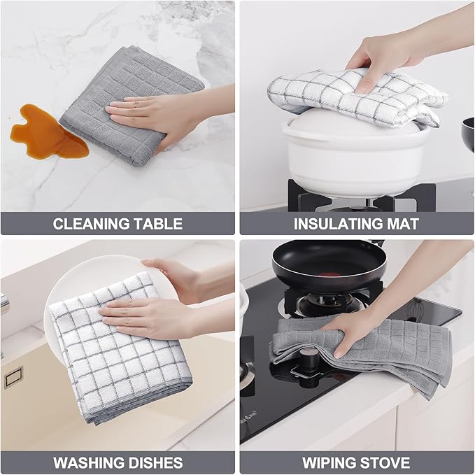 Homaxy Premium Cotton kitchen towels 16"x 28", Large Natural Ring Spun 390 GSM Dish Towels, Super Absorbent Terry Kitchen Hand Towels, Soft Tea Towel with Hanging Loop, Light Grey Check Design, 8 Pack