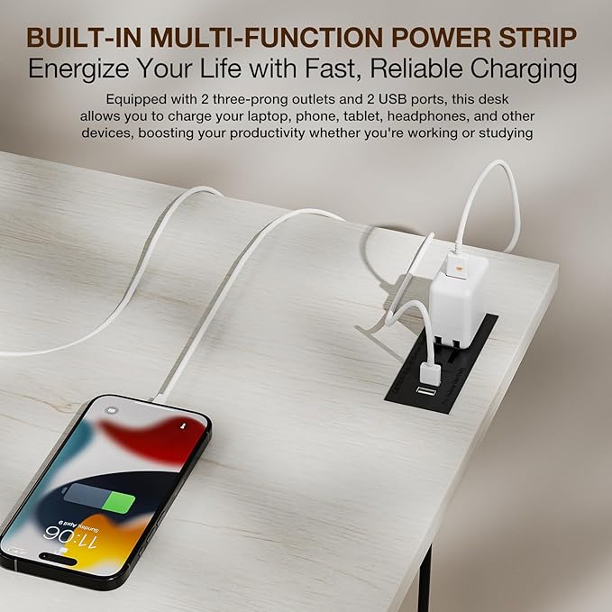 TEMI Small Computer Desk Folding Table - No Assembly, Compact 43.3" Foldable Desk with Power Outlets & USB Charging Port, Portable Small Office Desk, Ideal Mini Study Table for Narrow Spaces,White Ash