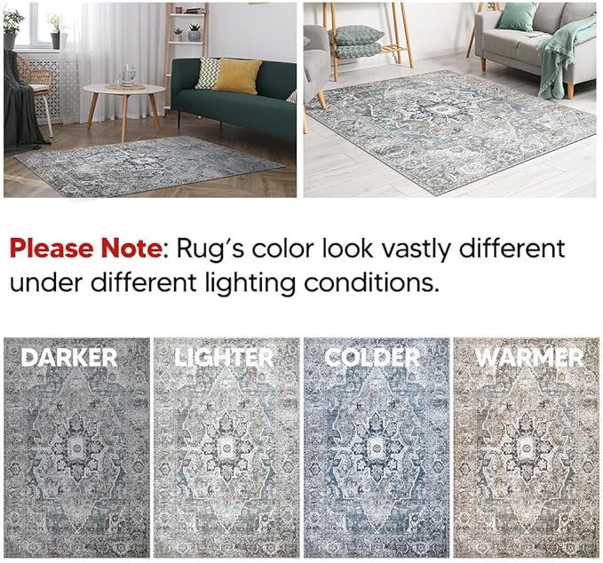 Keen Home Design 6x9 Rug - Machine Washable Area Rug with Non-Slip Backing, Ideal for Living Room, Dining Room, Bedroom - Vintage, Easy Clean, Durable, Low Pile - (6' x 9')