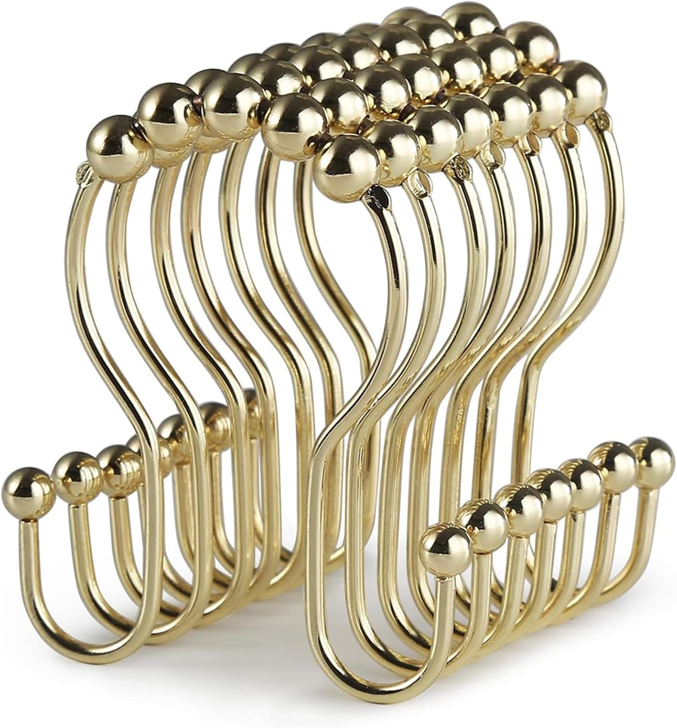 Goowin Shower Curtain Hooks, 12 Pcs Shower Curtain Rings, Stainless Steel Gold Shower Curtain Hooks Rings Rust Proof, Smooth Sliding Anti-Drop Double Shower Hooks for Shower Curtain, Rods (Gold)