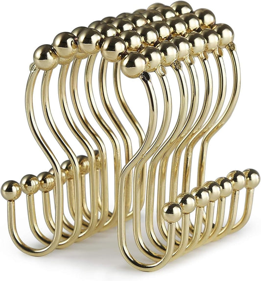 Goowin Shower Curtain Hooks, 12 Pcs Shower Curtain Rings, Stainless Steel Gold Shower Curtain Hooks Rings Rust Proof, Smooth Sliding Anti-Drop Double Shower Hooks for Shower Curtain, Rods (Gold)