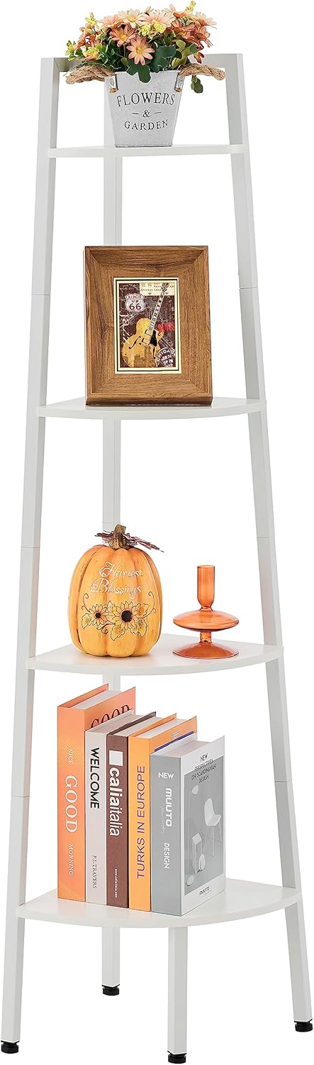 Hoctieon Corner Shelf, 4-Tier Corner Bookshelf, Rustic Ladder Shelf, Industrial Display Stand for Living Room, Kitchen, Home Office, Balcony, Small Space, Metal Frame, White