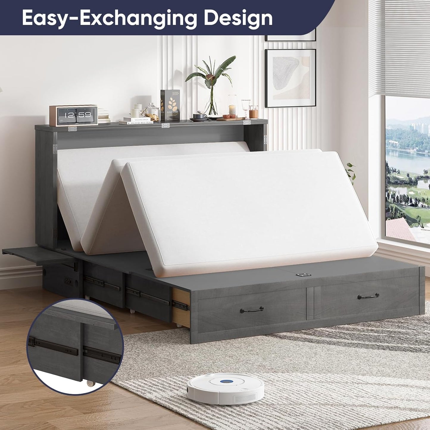 ijuicy Chest Murphy Bed Queen, Murphy Cube Cabinet Bed with 3 Level Foldable Memory Foam Mattress, 2 Large Drawers and Charging Station for Guests Room/Bedroom(Charcoal Grey)