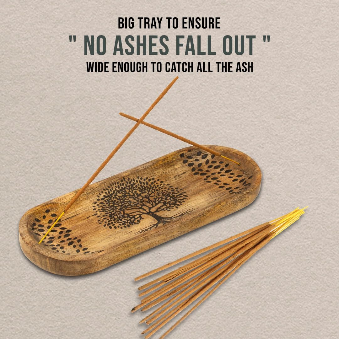 Incense Holder for Sticks Hand Carved - Tree of Life - Incense Burner/Ash Catcher- Handmade Wooden Insence Tray – Modern Gift Home/Room/Kitchen Décor 11x4x1.5 Inch