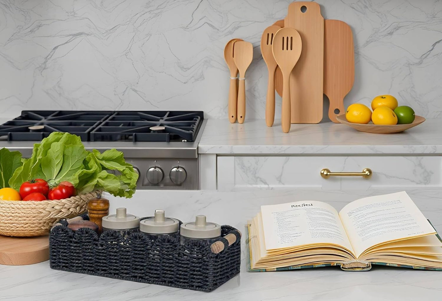 CubesLand Toilet Paper Storage Basket Scalloped Edge Home Decor Basket, Living Room Cozy Decor, Paper Rope Small Baskets for Over Toilet Storage Shelf, End Table, Shelves, with 2 Wooden Handles, Black