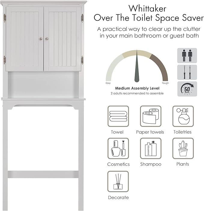 UTEX Over The Toilet Storage Cabinet, Over Toilet Bathroom Organizer with Adjustable Shelves and Double Doors, White