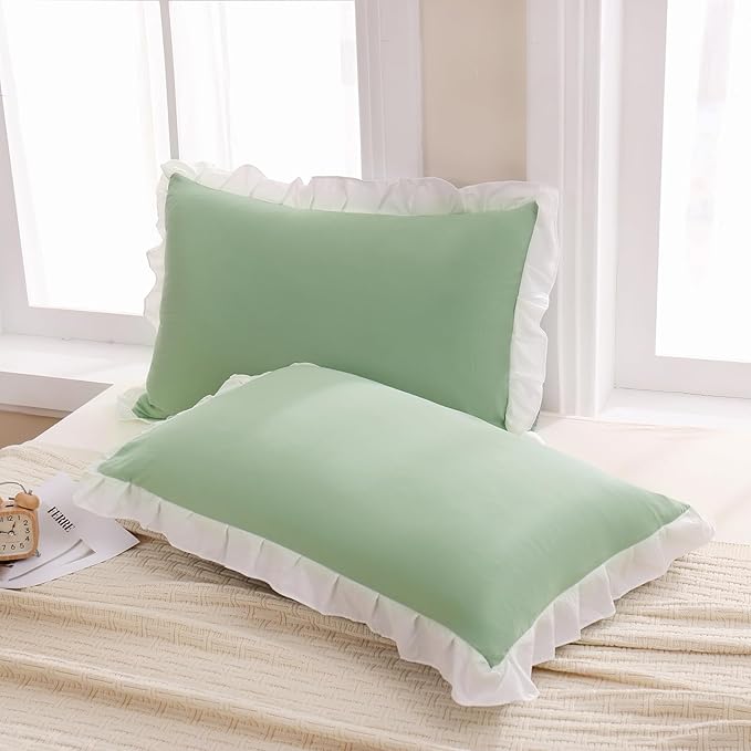Merryword Green Pillow Shams Green and White Reversible King Pillowcases Cute Pillow Cover Set of 2 Soft Shabby Chic Ruffled Pillowcases 2 Pack (King (20''x36''), Green White)