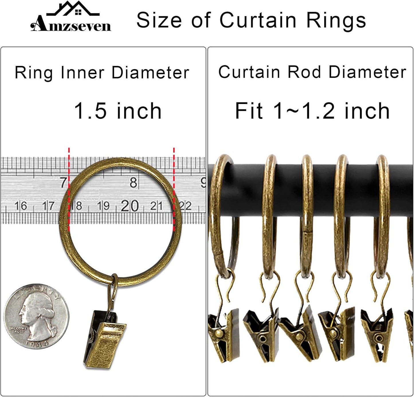 100 Pack Metal Curtain Rings with Clips, Drapery Clips Hooks, Decorative Curtain Rod Clips 1.5 in Interior Diameter, Antique Bronze