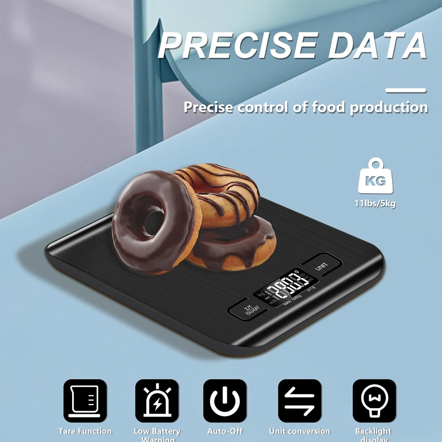 Food Scale, 11lb Kitchen Scale with 6 Units Tare Function & LCD Display, 0.05oz/1g Stainless Steel Digital Food Scale Grams and Ounces for Baking, Cooking, Dieting and Meal Prep (Black)