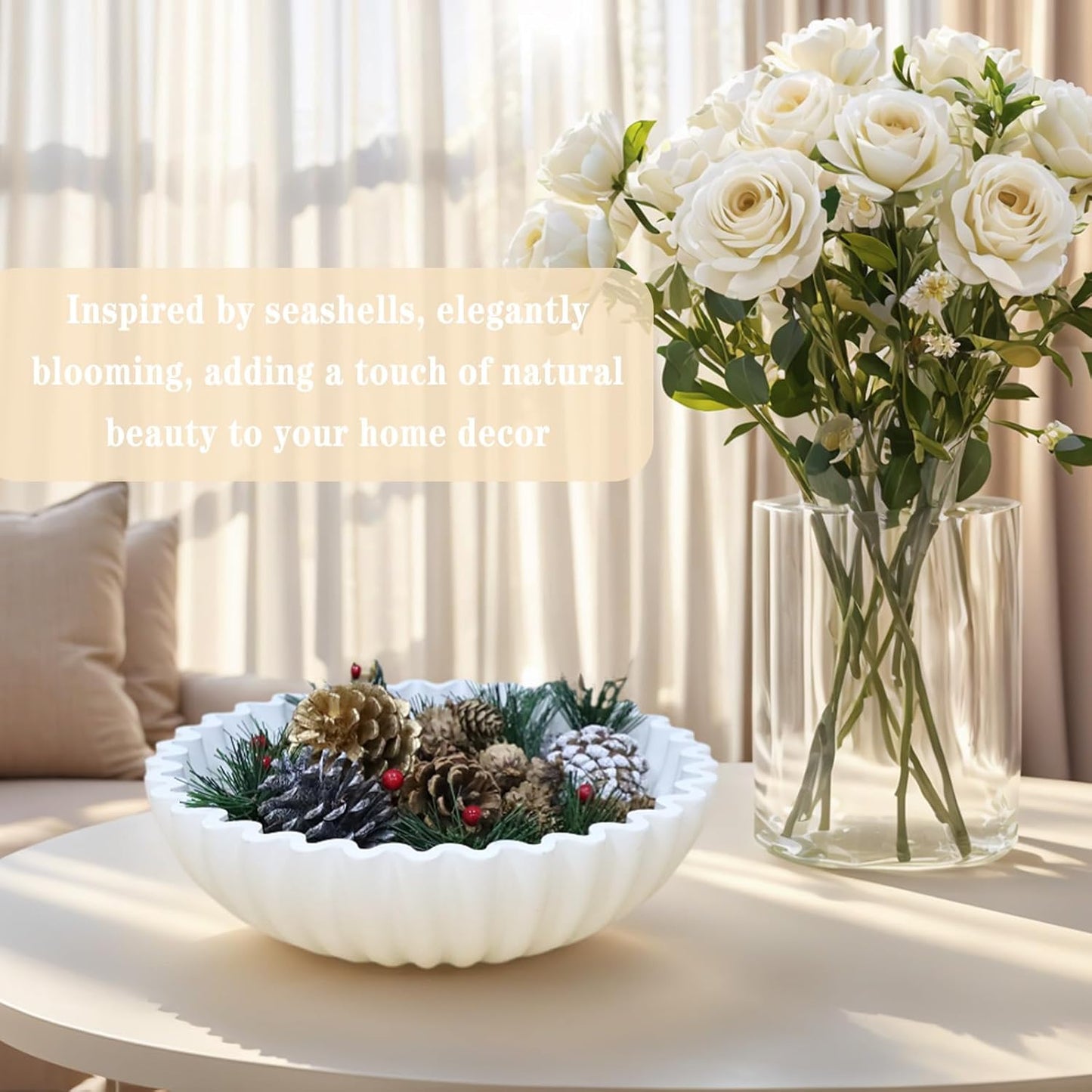 Decorative Bowl for Home Decor - White Large Decorative Fruit Bowls for Coffee Table - Scalloped Ruffle Centerpiece key Bowl for Entry Table - Morden Round 10" Aesthetic Decor