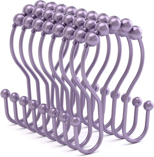 Shower Curtain Hooks, Shower Curtain Rings Rust Proof Double Hook Shower Curtain Hooks, 12 Pcs Purple Shower Hooks for Shower Curtain, Shower Rings for Curtain, Metal Shower Rod Hooks