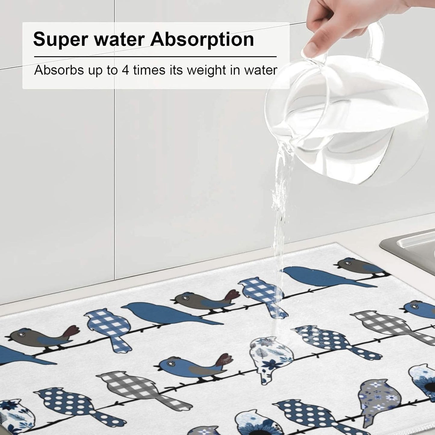 Blue Bird Dish Drying Mat 18x24 For Kitchen Counter Absorbent Microfiber Dishes Pad Dish Drainer Rack Mats Fast Dry Kitchen Accessories