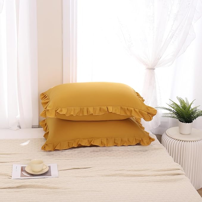 Merryword Mustard Yellow Pillowcases King Pillowcases Set of 2 Ruffle Pillow Shams Cute Pillow Covers Solid Ruffled Fringe Design Yellow Shabby Chic Pillowcases 2 Pack
