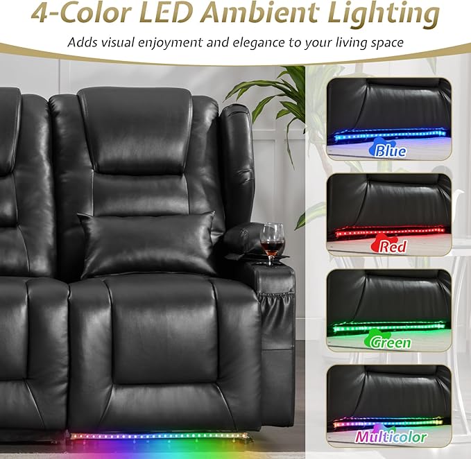 SAMERY Power Loveseat Recliner Sofa with Adjustable Split Back, Multi-Port Charger, Flip-Up Backrest & LED Lighting - Home Theater Seating with Storage, Cup Holders, Black Faux Leather Loveseat