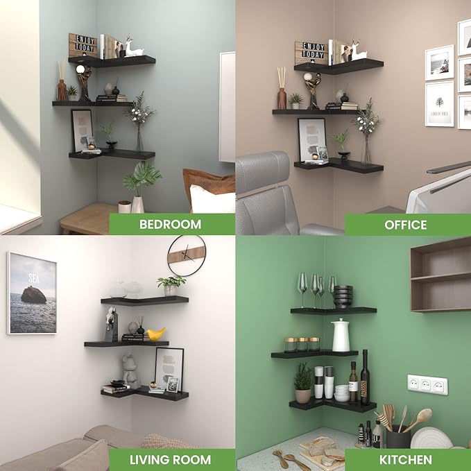 NATURE'S SOURCE Corner Floating Shelves with Invisible Brackets, Corner Shelves Wall Mounted Set of 3, Bedroom Bathroom Kitchen Living Room Office- Gothic Style 16.6" x 6" (Black)