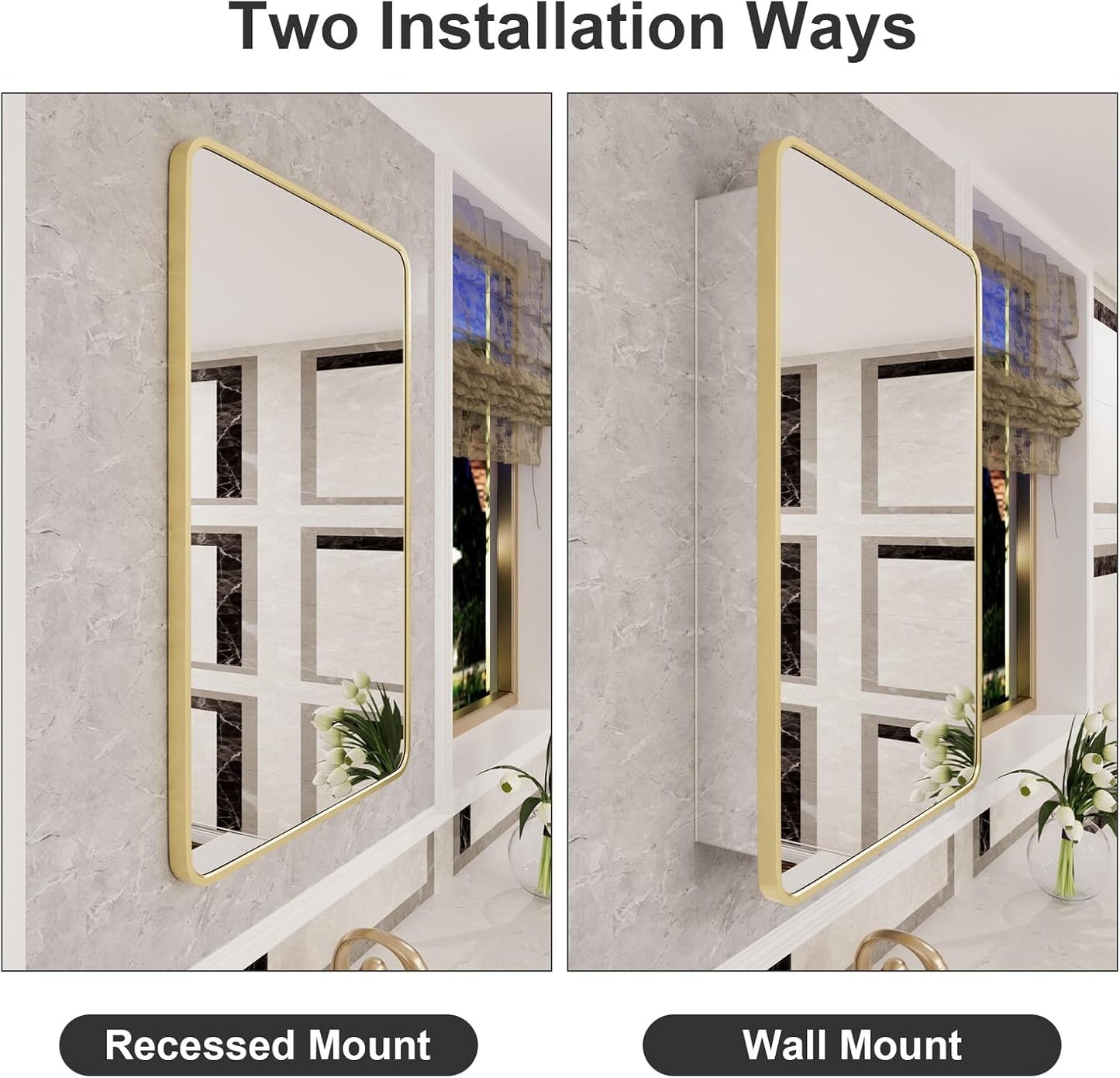 HOMECOOKIN Farmhouse Gold Metal Framed Recessed Bathroom Medicine Cabinet with Beveled Mirror Rounded Rectangle Bathroom Medicine Cabinet 24x36 inch