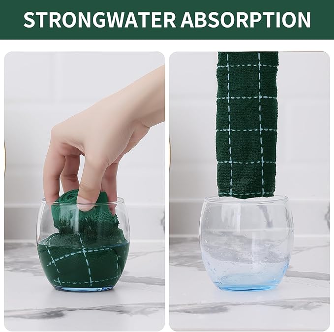 Homaxy 100% Cotton Terry Kitchen Towels(Dark Green, 13 x 28 inches), Checkered Designed, Soft and Super Absorbent Dish Towels, 12 Pack