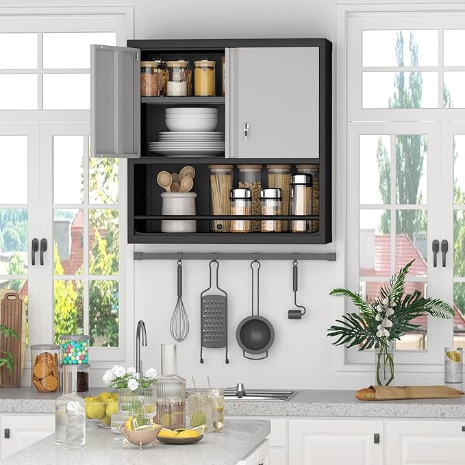 LUCYPAL Metal Wall Cabinet with Adjustable Shelf,Garage Wall Cabinets with Locking Doors and Open Storage,Steel Utility Storage Cabinets for Home Office,Warehouse,Black&Grey