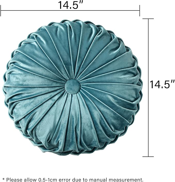 HIG Set of 2 Decorative Round Pleated Throw Pillows, Classy Accent Pumpkin Throw Pillows with Center Button, Vintage Velvet Floor Pillows for Sofa Couch Vanity Chair Bed, Teal, 14.5" Diameter(Ripple)