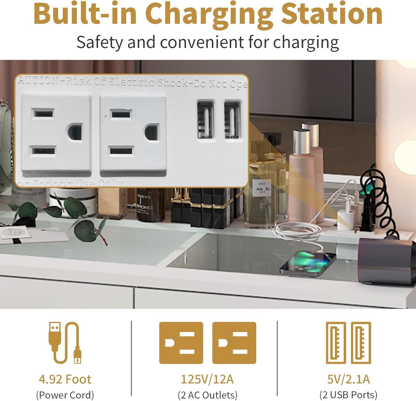 Karl home Vanity Desk with Large Lighted Mirror & Powre Outlet, Glass Tabletop Makeup Vanity Set with 7 Drawers, 45.3" Vanity Table with 3 Color Lighting Modes, Dressing Table for Women Girls, White