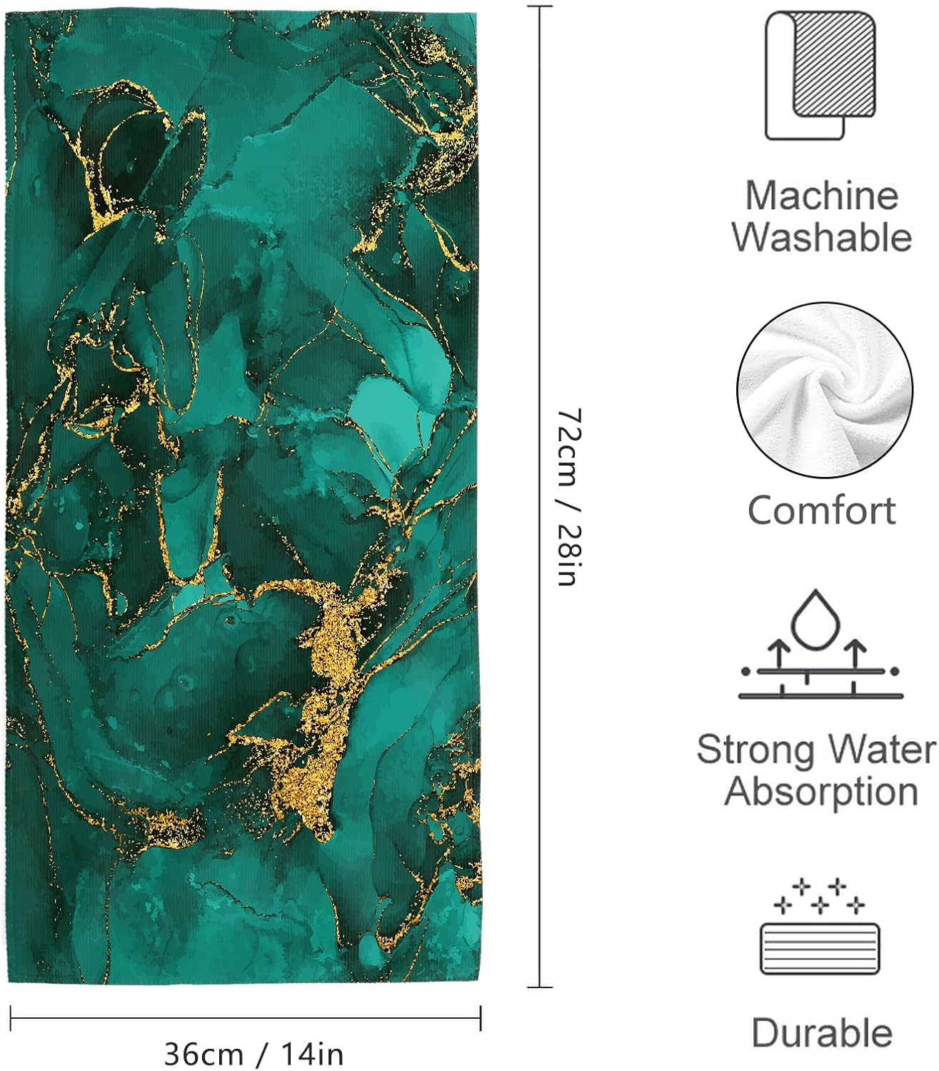 Emerald Dark Green Bath Hand Towels for Bathroom 14"x28" Set of 2, Soft Absorbent Turquoise Marble Decorative Hand Towels for Gym Yoga Spa Beach Home Kitchen Green Bathroom Decor
