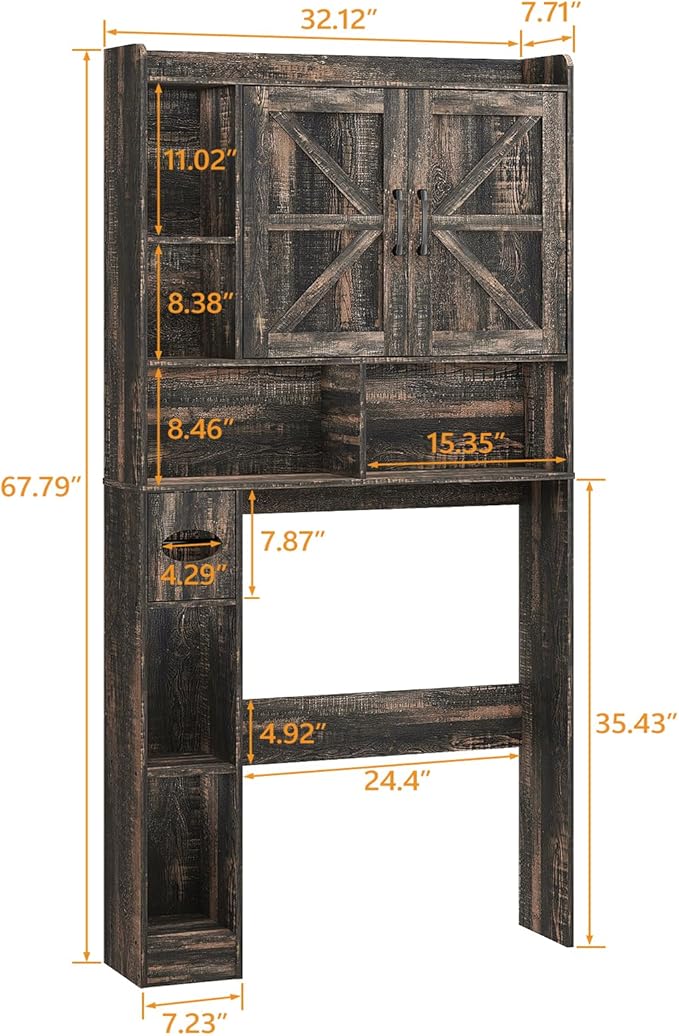 Over The Toilet Storage Cabinet, Farmhouse Storage Cabinet Over Toilet with 2 Barn Doors & Toilet Paper Holder Stand，Home Space-Saving Toilet Rack, for Bathroom, Restroom, Laundry