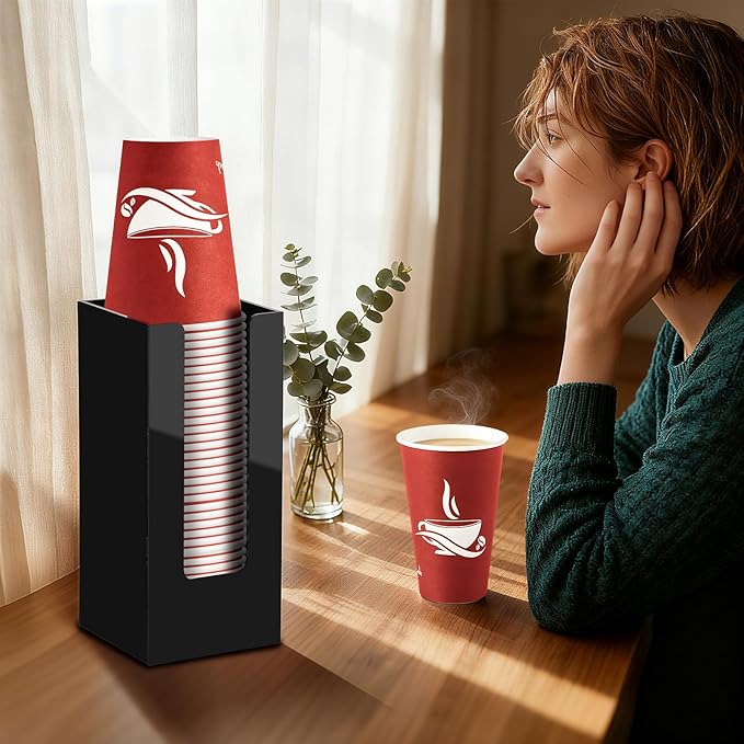 MYITYARD Coffee Cup Dispenser, Cup and Lid Organizer fits 5 to 16 oz Disposable Paper & Plastic Cups, Acrylic Cup Holder for Table Countertop, Black