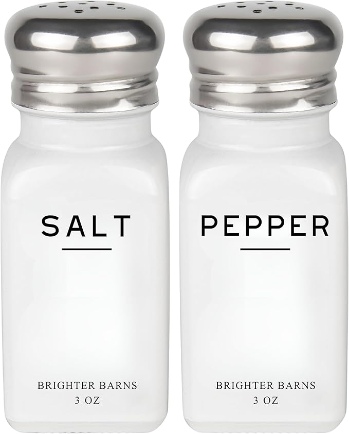 White Salt and Pepper Shakers Set by Brighter Barns - Dining Table Decor, Countertop Accessory - Neutral Minimalist Glass Salt Shaker - Modern Kitchen Accessories for Restaurant, Hotel, Airbnb (White)