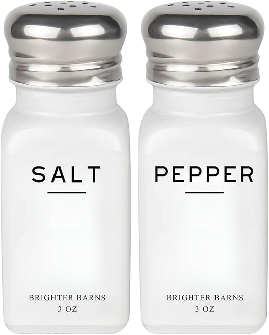White Salt and Pepper Shakers Set by Brighter Barns - Dining Table Decor, Countertop Accessory - Neutral Minimalist Glass Salt Shaker - Modern Kitchen Accessories for Restaurant, Hotel, Airbnb (White)