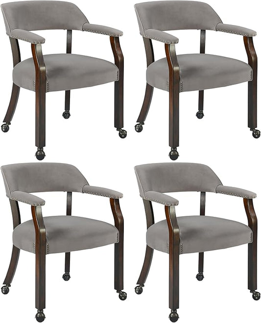 Dinning Chairs with Wheels and Arms Set of 4, Solid Wood Office Desk Chairs with Frosted Velvet Upholstered, Classic Swivel Accent Chairs, 31.5" H Boss Caption's Chair for, Warm Grey XXY-HT22-TP
