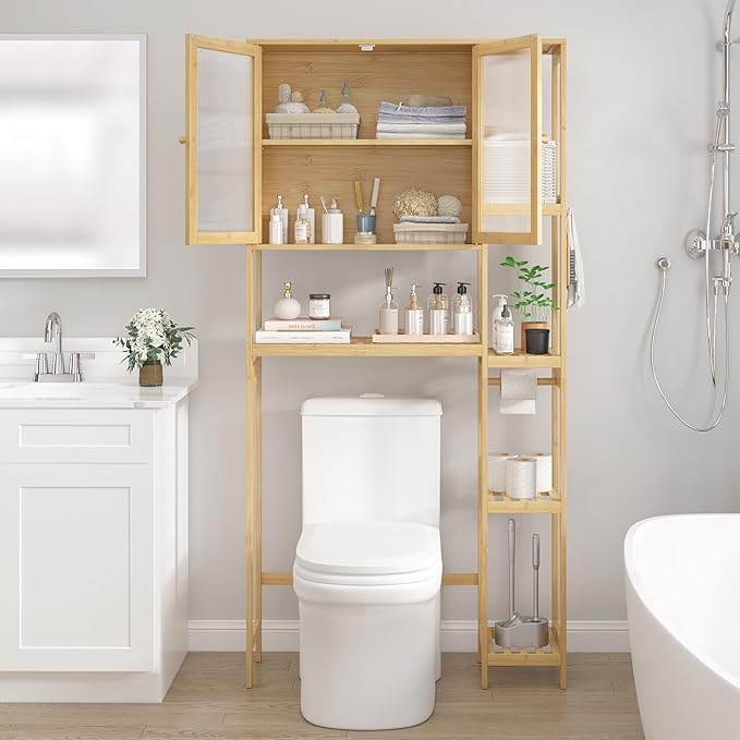 Over The Toilet Storage Cabinet Above Toilet Bathroom Organizer with Toilet Paper Holder Stand Bath Organizer with Adjustable Shelves & Acrylic Doors,Anti-Tip Device (Nature, 3 Tiers with Cabinet)