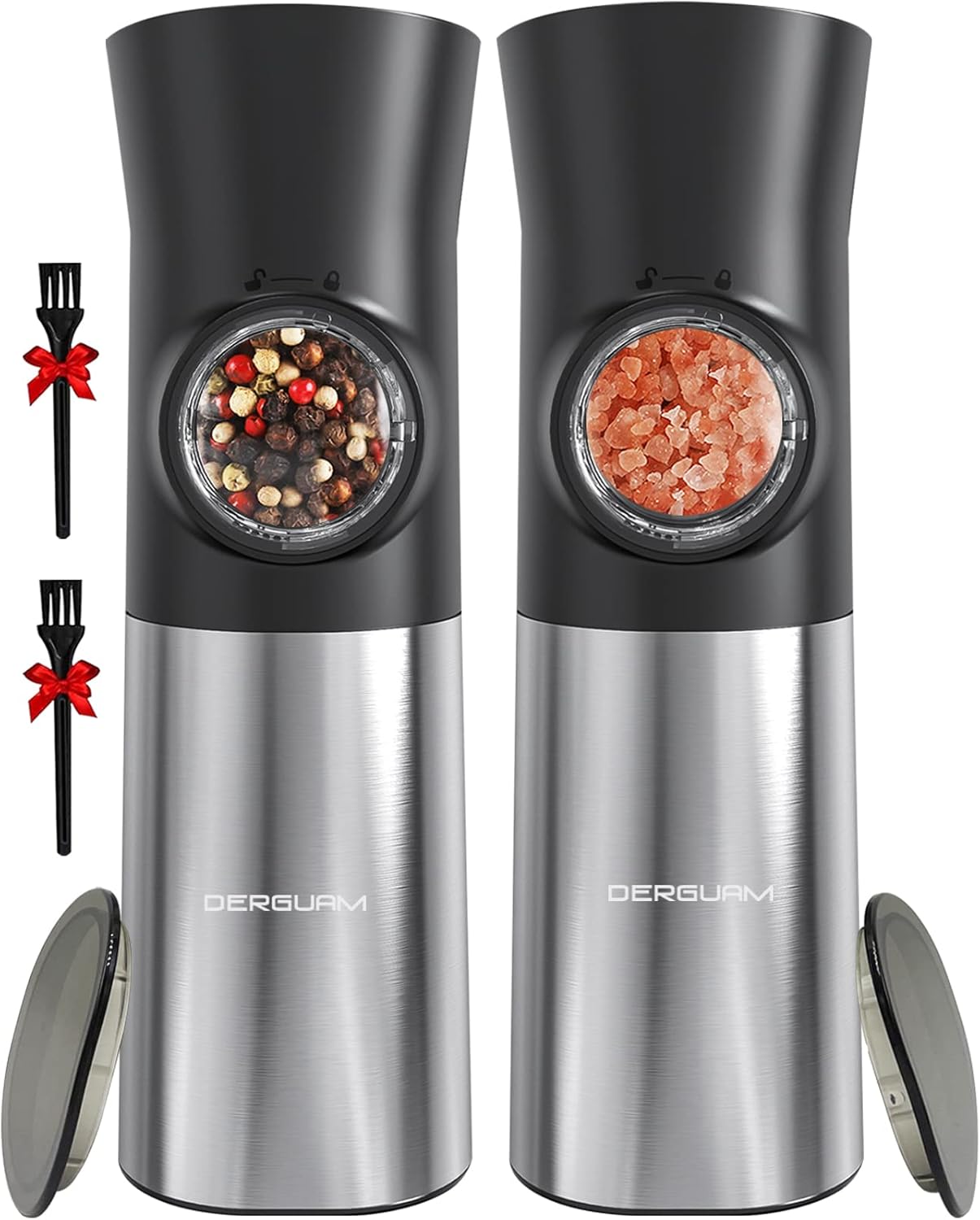 Gravity Electric Salt and Pepper Grinder Set with Battery Operated, Automatic Salt and Pepper Grinder Set with Dustproof Cover, Stainless Steel with Adjustable Ceramic Grinder,One Hand Operation