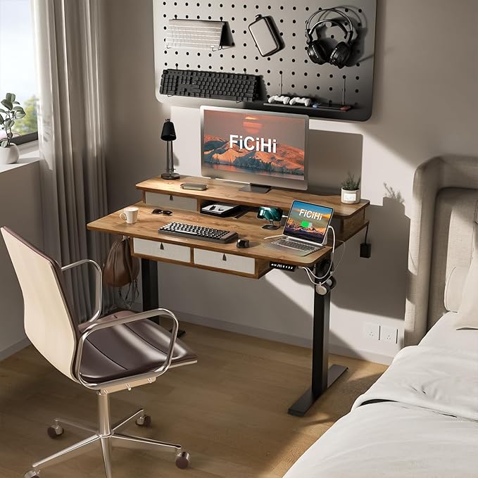 Adjustable Height Standing Desk with 4 Drawers,48 x 30 inches Electric Sit Stand Desk for Home Office,3 Memory Presets,Monitor Stand Riser,USB A/C Charging Port